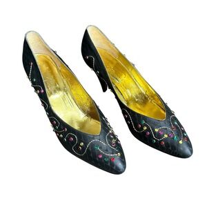 Vintage 80's Miramonti Black Embellished Pointed Toe Pumps‎ Heels Women's 39